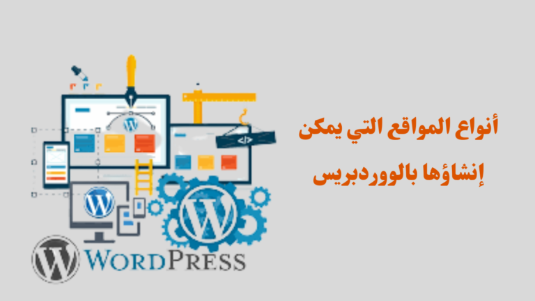 صورة تعبر عن المواقع التي تصمم بالووردبريس ومكتوب عليها أنواع المواقع التي يمكن إنشاؤها بالووردبريس